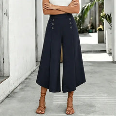 Pantaloni Largi Eleganți cu Talie Înaltă și Butoni Decorativi - Design Asimetric, Stil Modern
