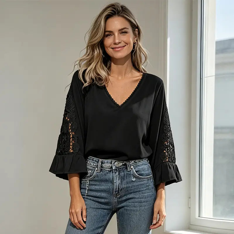👚 Tricou din dantelă cu broderie decupată, stil boem (Boho)