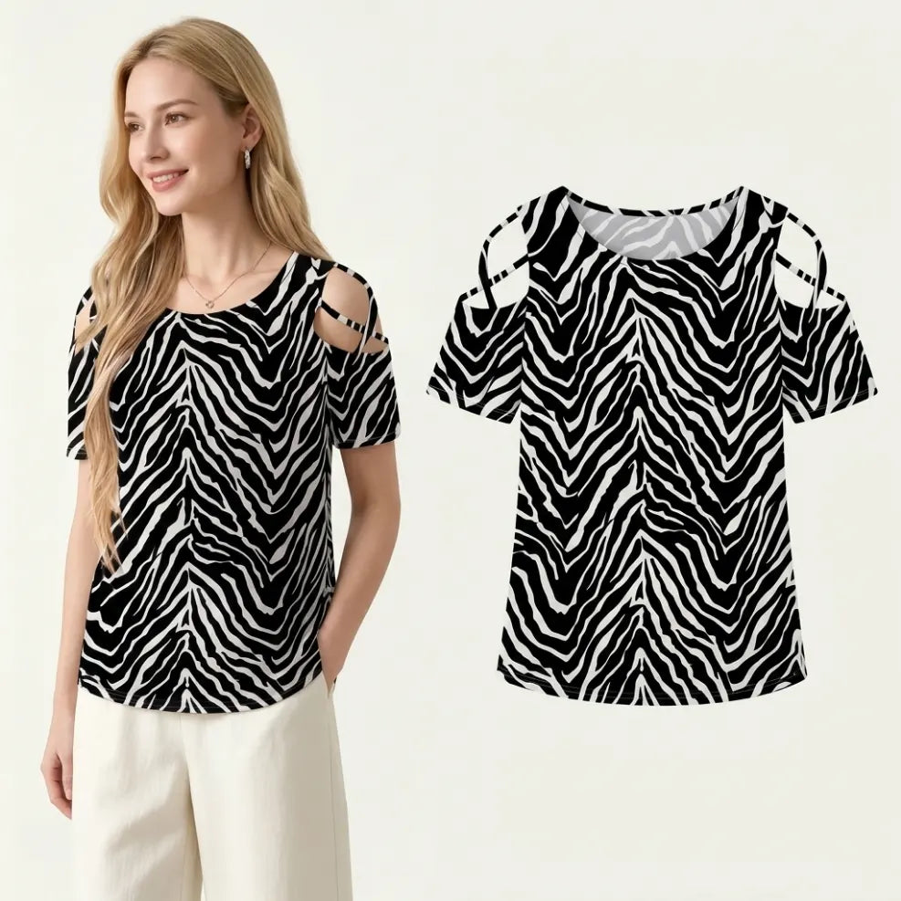 👚 Tricou Modern cu Imprimeu Zebră și Umeri Goi