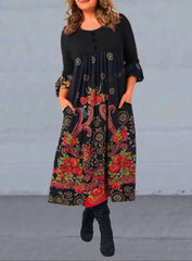 💝Rochie nouă, modernă și retro, imprimată, cu mâneci lungi și buzunare