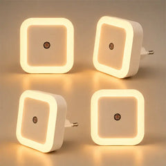 【4 buc】Lampă de Veghe LED Pătrată cu Senzor de Lumină Automat – Mini Lampă de Priză cu Lumină Caldă, Consum Redus pentru Dormitor, Hol și Camera Copilului