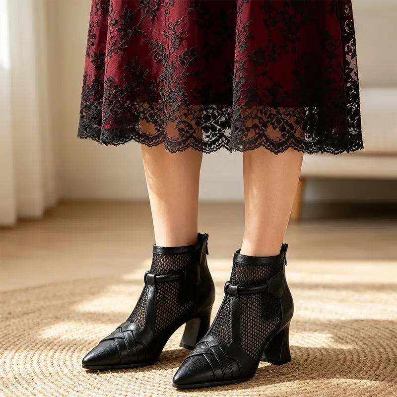 Botine Elegante cu Plasă și Toc Gros – Stil Rafinat, Stabilitate Maximă și Mers Fără Oboseală! ✨👠