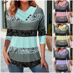 ✨【Nou sosit】Bluza de damă cu mânecă lungă, cu dungi și decolteu în V cu nasturi – Elegantă și Unică