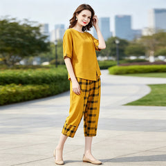 🛍️ Nou în Colecție 2026: Set Elegant din 2 Piese pentru Doamne (Mărimi Mari) ✨ Bluză cu Mânecă Scurtă & Pantaloni 3/4 în Carouri | Confortabil & Subțiază Vizual