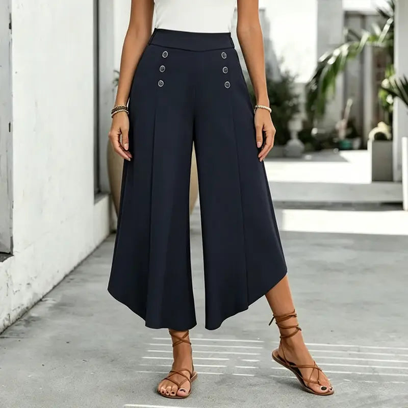 Pantaloni Largi Eleganți cu Talie Înaltă și Butoni Decorativi - Design Asimetric, Stil Modern