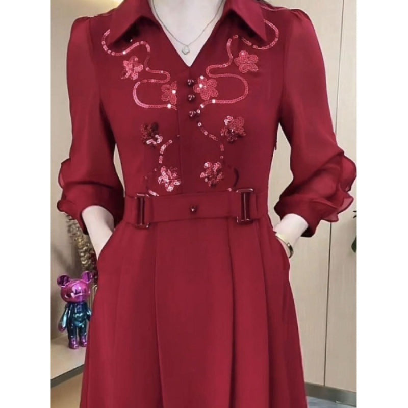 😍👗【Multi-Premiat】🍁Rochie din șifon de înaltă calitate, cu decolteu în V și paiete decorative