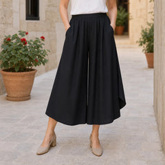 Pantaloni Trei Sferturi Stil Culottes din Mătase Texturată, Pantaloni de Vară Subțiri și Răcoroși, Outfit Casual de Vacanță