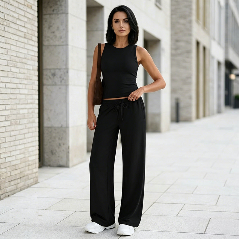 【Top fără mâneci elastic + pantaloni largi】Set casual din bumbac uni, confortabil