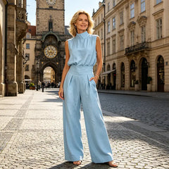 Set Elegant de Vară din 2 Piese: Top Fără Mâneci și Pantaloni Lungi cu Talie Înaltă, Stil Șic, Mărimi S-3XL