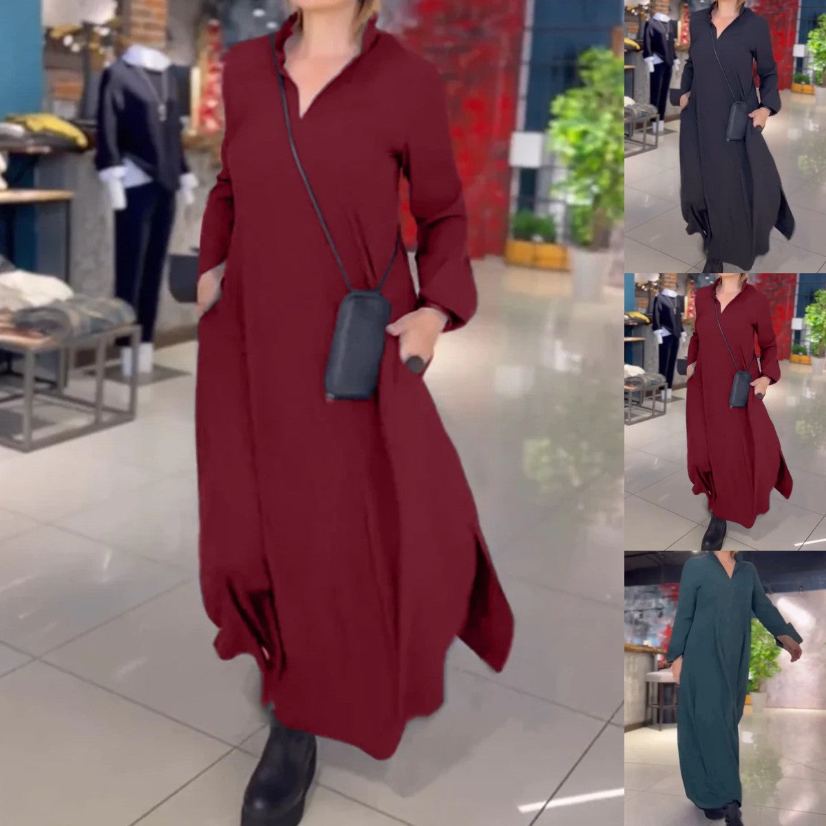 💋【35% OFF】【S-3XL】Αμιγές χρώμα V-λαιμός μακρύ μανίκι casual φόρεμα