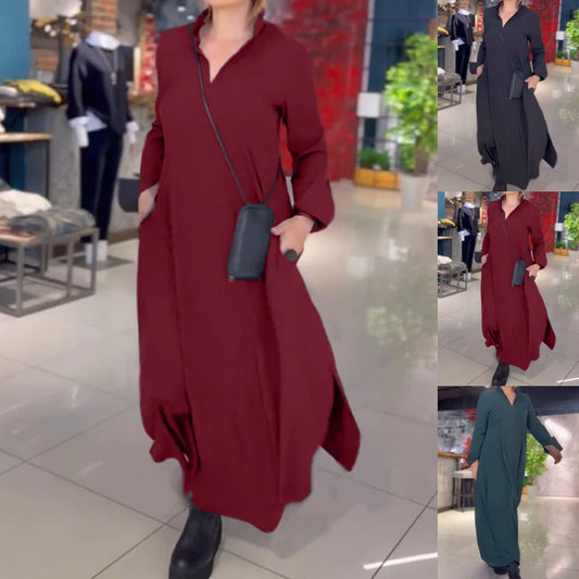 💋【35% OFF】【S-3XL】Αμιγές χρώμα V-λαιμός μακρύ μανίκι casual φόρεμα
