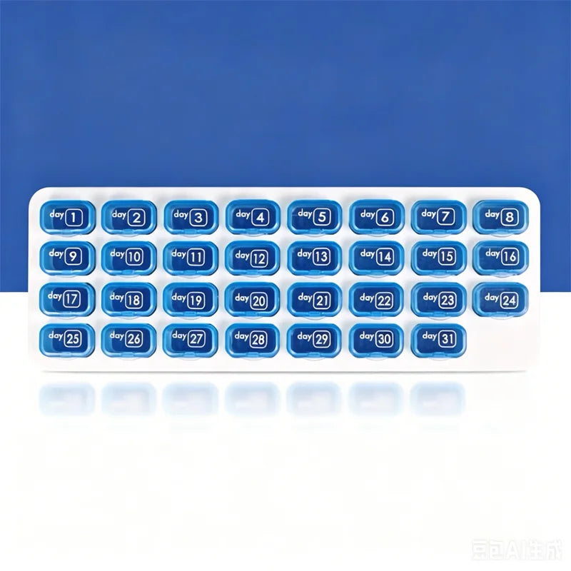 Organizator Lunar de Pastile 31 de Zile, Cutie Medicamente Compartimentată și Detașabilă, Casetă Transparentă cu Numere pentru Bătrâni și Călătorii