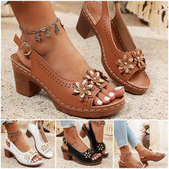 🌸【36-43】Sandale cu pană șic pentru femei, cu accente florale - Culoare uni versatile, vârf deschis, design cu curele la gleznă, toc gros confortabil