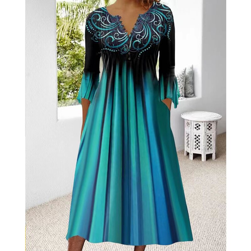 Rochie cu gât în V, cu broderii elegante și buzunare practice, premiată