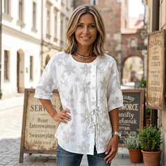 🌸👕Tricou elegant din bumbac și in, cu broderie florală rafinată în relief