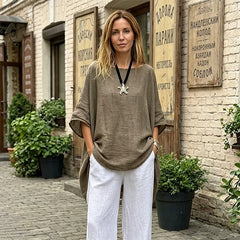Bluză de Vară Oversize din In și Bumbac pentru Femei, Cămașă Lejeră cu Tiv Asimetric, Stil Boho Casual, Material Respirabil, Mărimi Mari