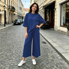 Compleu Vară Damă 2 Piese Lejer: Tricot Fin Moale, Tricou Oversized și Pantaloni Largi Fluizi, Material Respirabil și Fin la Atingere