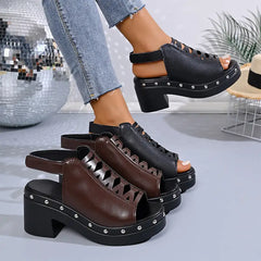 Sandale de Damă cu Toc Gros și Platformă (8cm) - Piele Lucioasă, Stil Retro cu Capse