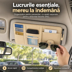 🚗 Organizator Multifuncțional din Piele pentru Parasolar Auto 💳 | Buzunar Mare cu Fermoar · Suport Ochelari, Carduri & Pix · Montare Rapidă · Nu Blochează Vizibilitatea