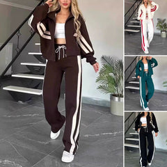 🔥【Foarte economic!】🖤Geacă de damă în dungi, cu fermoar și pantaloni casual, set din 2 piese🔥