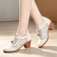 👡 Pantofi Tăiați de Vară cu Plasă și Toc Gros Premium – Moale și Respirabili, Fermoar la Spate, 2 Culori, Mărimi 35-40! 🌸☀️