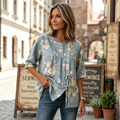 🌸👕Tricou elegant din bumbac și in, cu broderie florală rafinată în relief