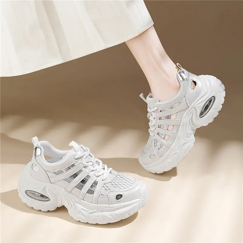 Adidași Dama cu Platformă Înaltă și Pernă de Aer, Pantofi Sport Decupați cu Plasă Respirabilă, Talpă Moale Antiderapantă, Atenuează Presiunea și Durerile de Picioare