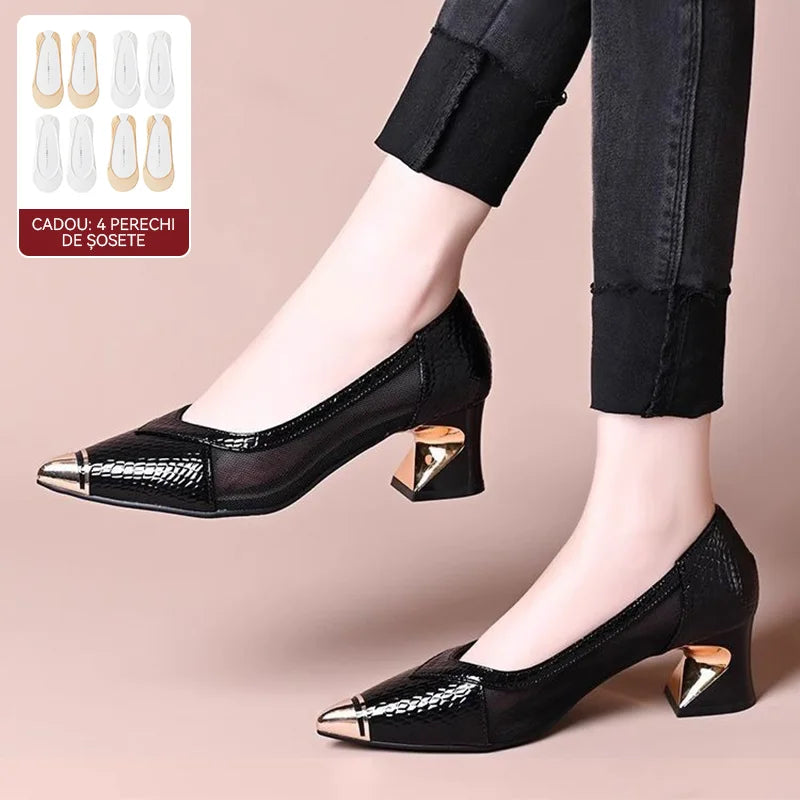 【Cadou: 4 perechi de șosete】 Pantofi cu toc înalt franțuzești, eleganți, cu textură crocodil de lux