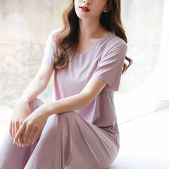 ❤️【M-4XL】Bluză mătăsoasă moale cu mânecă scurtă + pantaloni largi ❤️ Set din 2 piese