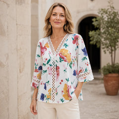 Bluză Elegantă de Damă cu Imprimeu Floral și Inserții de Dantelă, Decolteu în V Modern, Mâneci 3/4 Stil Boho, Cămașă Casual Chic