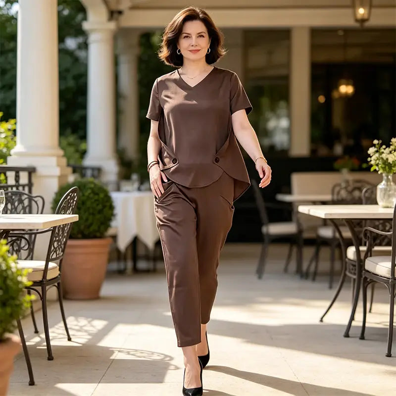 ✨Set de Damă din 2 Piese – Bluză cu Guler în V și Nasturi Decorativi, Pantaloni cu Design Modern și Rafinat
