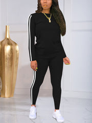 🍁Foarte economic!🍂【Mânecă lungă + Pantaloni】 Set sport și casual pentru femei, uni, cu dungi