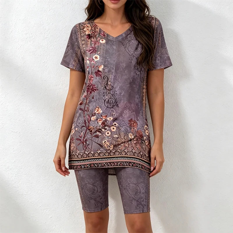 Compleu Casual de Damă din Două Piese, Bluză cu Guler în V și Pantaloni Scurți Colanți – Imprimeu Floral Vintage, Material Moale, Respirabil și Elastic