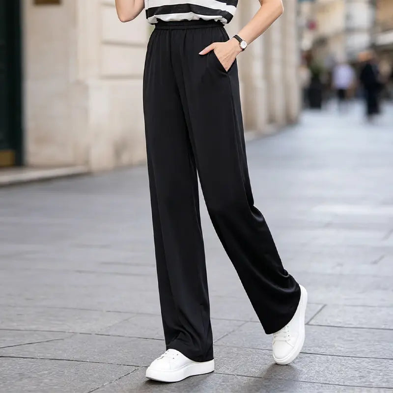 Pantaloni de Vară din Mătase de Gheață 2026: Talie Înaltă, Croială Dreaptă și Material Fluid (4 Culori, Mărimi S-3XL)