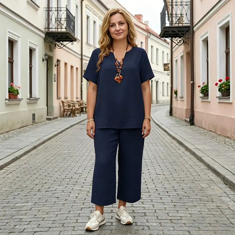 Set Elegant din Bumbac Mărimi Mari: Bluză cu Guler în V și Pantaloni Largi, Confortabil și Stilat, XL-5XL