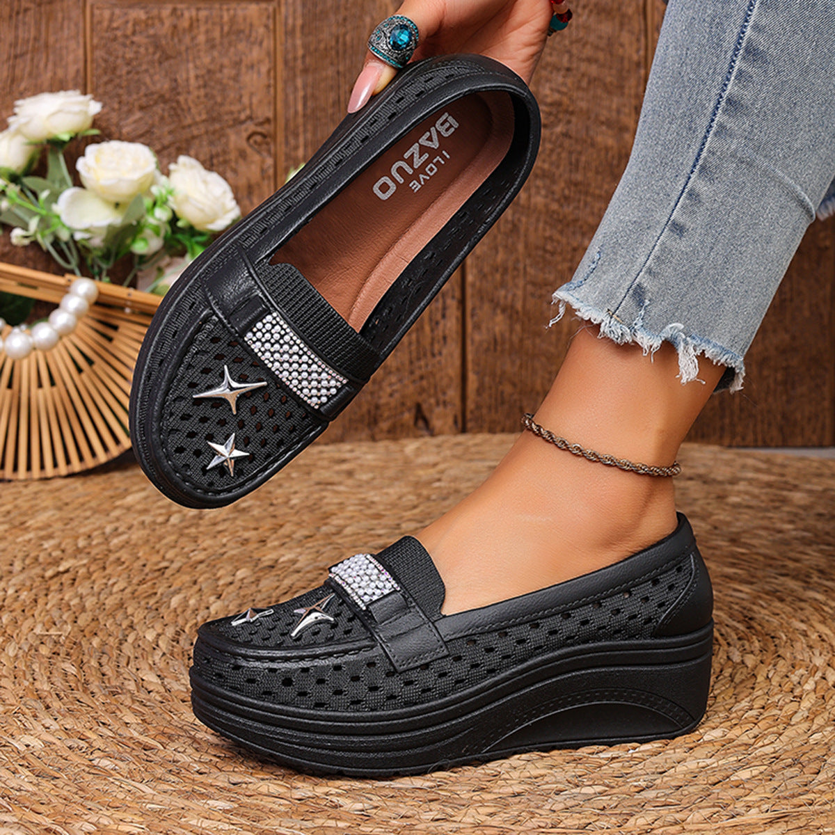 Pantofi Loafer Perforați cu Strasuri, Stil Luxury