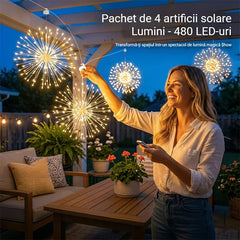 Set 4 în 1 Artificii Solare Suspendate, Ghirlandă Luminoasă cu 240 LED-uri, Panou Solar Mare și Telecomandă, Impermeabil pentru Camping și Grădină