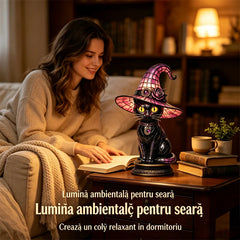 🐱🎩Figurină Decorativă Pictată Manual cu Pisică Neagră și Pălărie de Vrăjitor