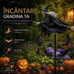 Morișcă de Vânt Decorativă pentru Grădină, Model Vrăjitoare pe Mătură cu Lilieci și Stele, Ornament Dinamic de Curte, Decor Halloween