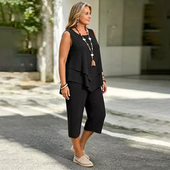 Set Elegant de Vară din 2 Piese: Bluză Stratificată și Pantaloni Lejeri - Confortabil și Rafinat