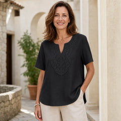 Bluză de Damă în Stil Boho cu Broderie din Dantelă la Decolteu, Top Lejer de Vară cu Guler în V, Cămașă Casual din Bumbac