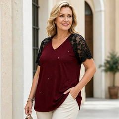 Tricou Modern cu Decolteu în V, Inserții din Dantelă și Paiete