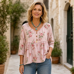【Colecția Boho Vară 2026】Cămașă de Damă în Stil Etnic cu Imprimeu Floral și Nasturi, Bluză Lejeră cu Mânecă Trei Sferturi (6 Culori / S-5XL) ✨