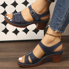 Sandale cu toc gros din piele naturală, cu decupaje｜Talpă moale, respirabilă + stil retro versatil