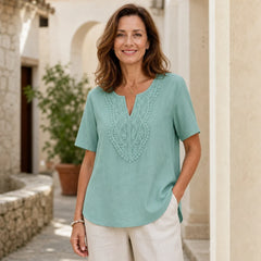 Bluză de Damă în Stil Boho cu Broderie din Dantelă la Decolteu, Top Lejer de Vară cu Guler în V, Cămașă Casual din Bumbac
