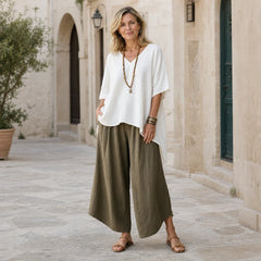 Bluză de Damă Oversize din In și Bumbac, cu Guler în V, Material Moale, Ultra-Respirabil și Prietenos cu Pielea, Stil Casual-Boho