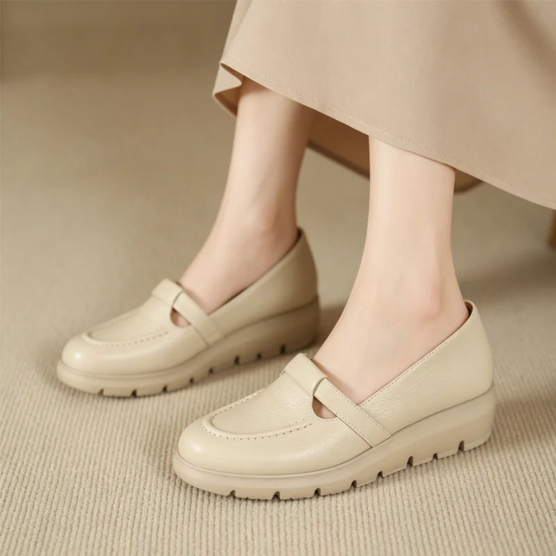 Pantofi casual cu talpă groasă, din piele moale, stil francez elegant și modern