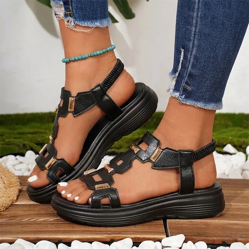 ⚫⚪Sandale din piele naturală în stil roman, cu cataramă metalică