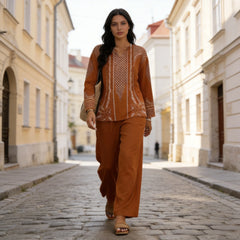 Compleu Damă Elegant din 2 Piese: Bluză cu Imprimeu Vintage și Pantaloni Largi, Material Moale, Respirabil și Lejer