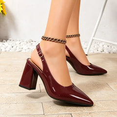 Pantofi de Damă Eleganți din Piele Lăcuită Vișinie – Toc Gros și Vârf Ascuțit, Stil Slingback Rafinat
